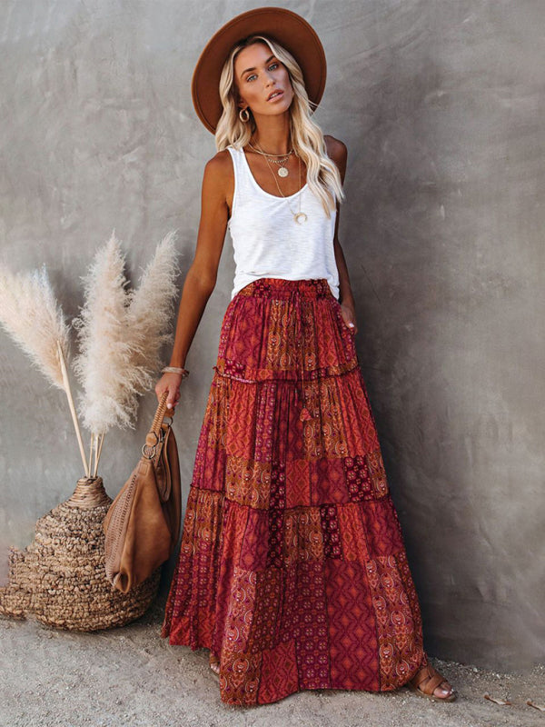 New Bohemian style skirt European and American loose casual high waist long skirt