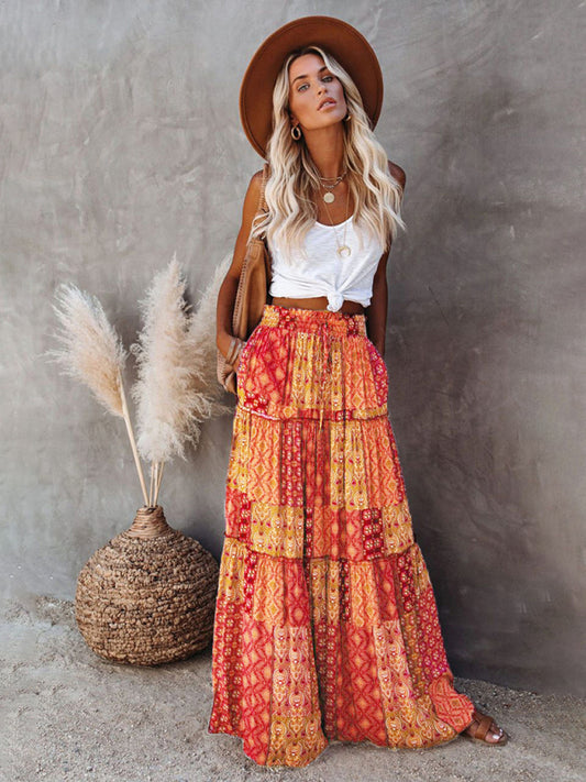 New Bohemian style skirt European and American loose casual high waist long skirt