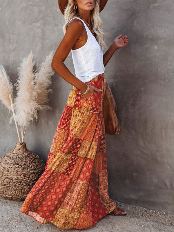 New Bohemian style skirt European and American loose casual high waist long skirt