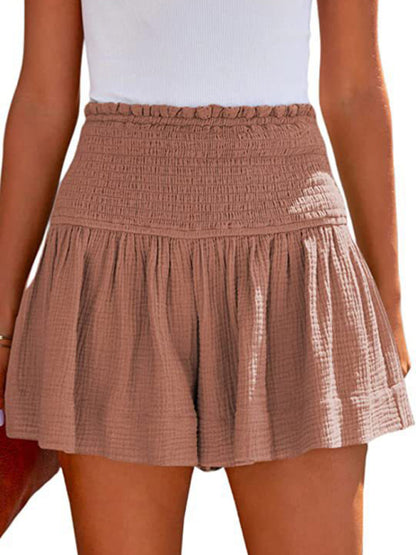 Women's Solid Color Pleated High Waist Wide Leg Shorts