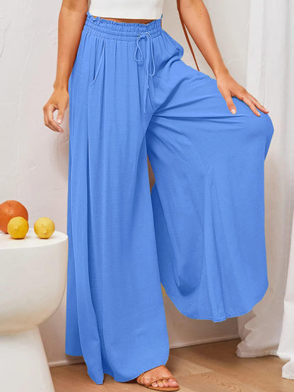 Women's Solid Color Elastic Waist Wide Leg High Waist Trousers