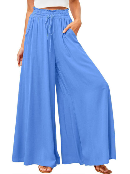 Women's Solid Color Elastic Waist Wide Leg High Waist Trousers