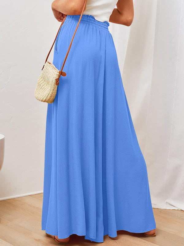 Women's Solid Color Elastic Waist Wide Leg High Waist Trousers