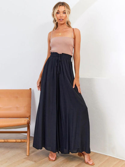 Women's Solid Color Elastic Waist Wide Leg High Waist Trousers