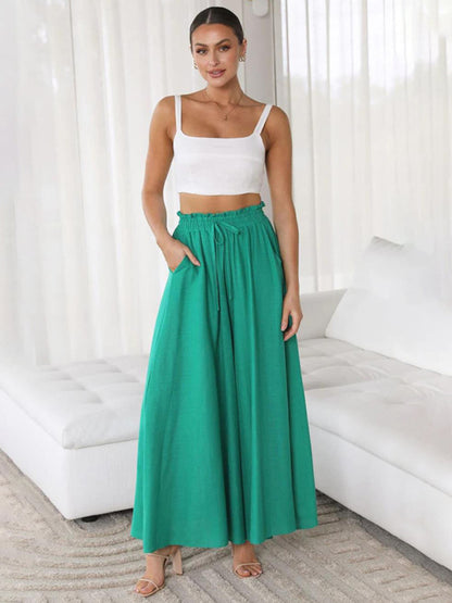 Women's Solid Color Elastic Waist Wide Leg High Waist Trousers