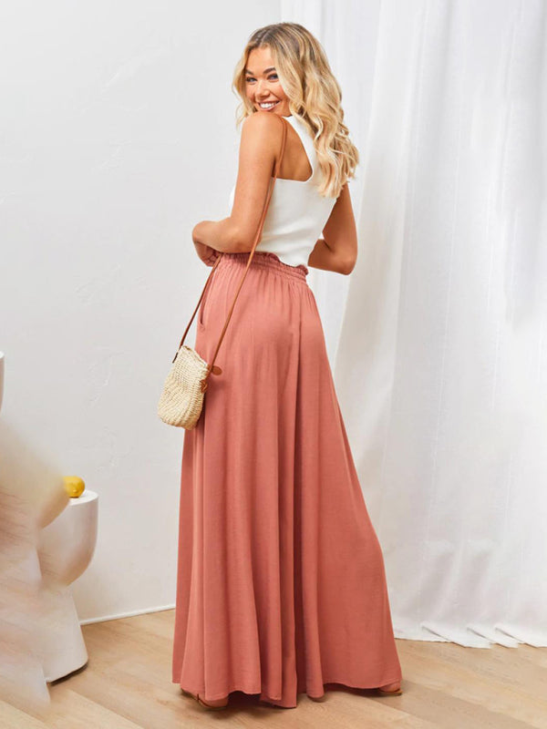 Women's Solid Color Elastic Waist Wide Leg High Waist Trousers