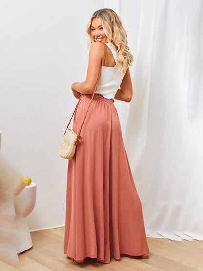 Women's Solid Color Elastic Waist Wide Leg High Waist Trousers