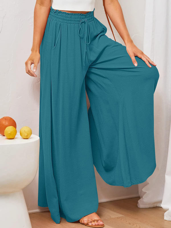 Women's Solid Color Elastic Waist Wide Leg High Waist Trousers