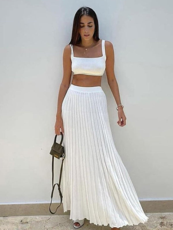 Camisole + Skirt Elegant Sleeveless Short Top Pleated Skirt Set