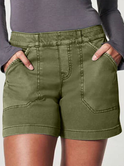 New fashion all-match women's high elastic twill large pocket solid color casual shorts