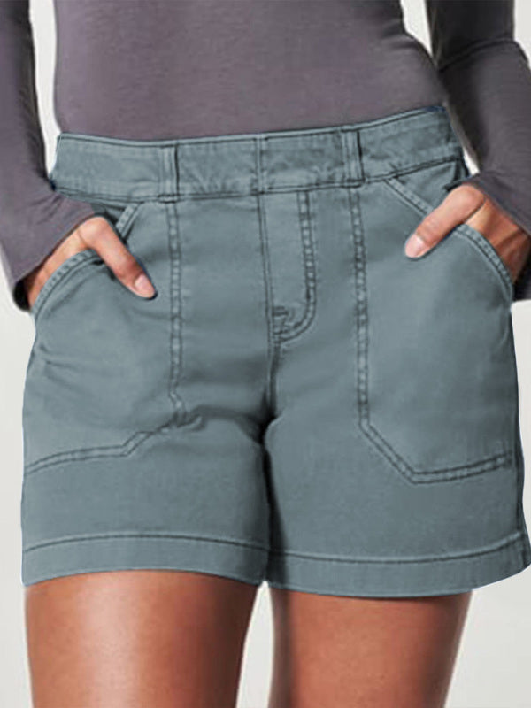 New fashion all-match women's high elastic twill large pocket solid color casual shorts