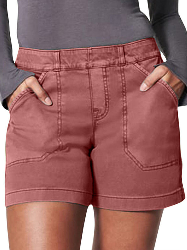 New fashion all-match women's high elastic twill large pocket solid color casual shorts