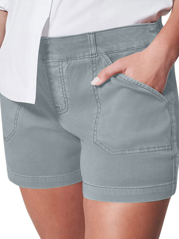 New fashion all-match women's high elastic twill large pocket solid color casual shorts