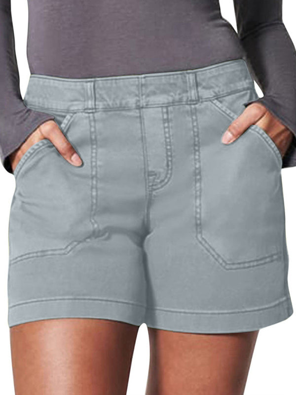 New fashion all-match women's high elastic twill large pocket solid color casual shorts