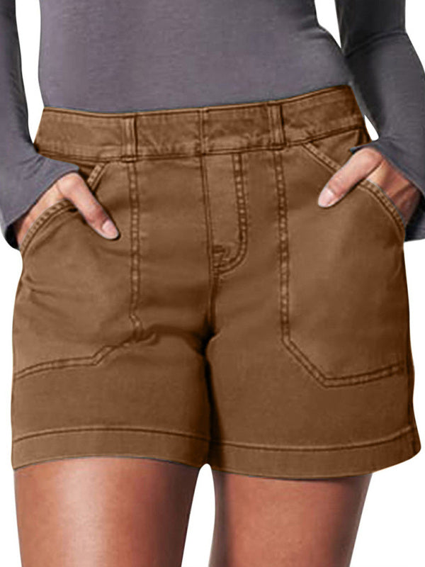 New fashion all-match women's high elastic twill large pocket solid color casual shorts