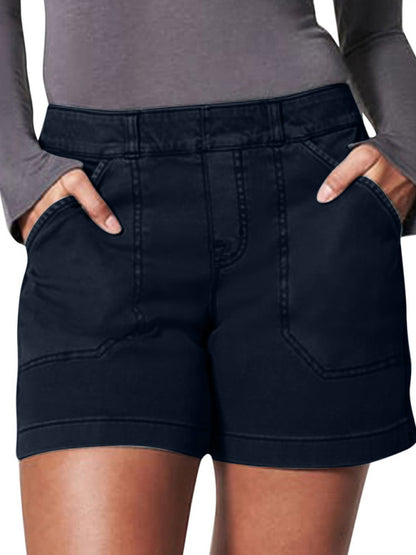 New fashion all-match women's high elastic twill large pocket solid color casual shorts