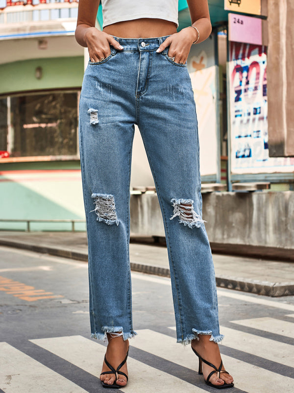 New style denim style ripped trousers women's casual pants