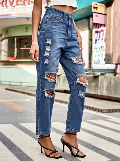 Washed ripped straight-leg denim cropped pants