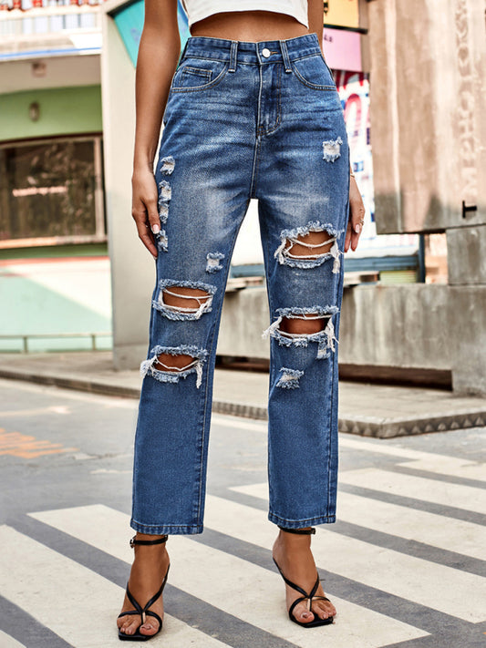 Washed ripped straight-leg denim cropped pants