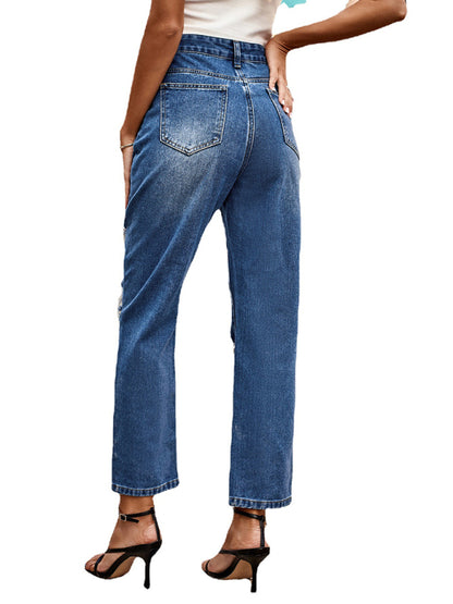 Washed ripped straight-leg denim cropped pants