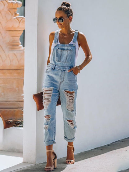 casual ripped mid-waist denim jumpsuit