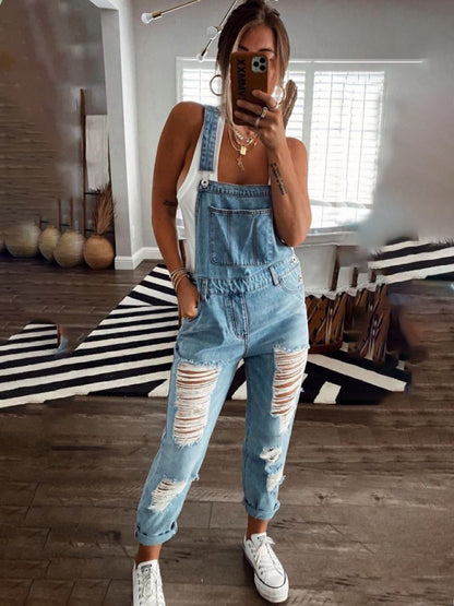 casual ripped mid-waist denim jumpsuit