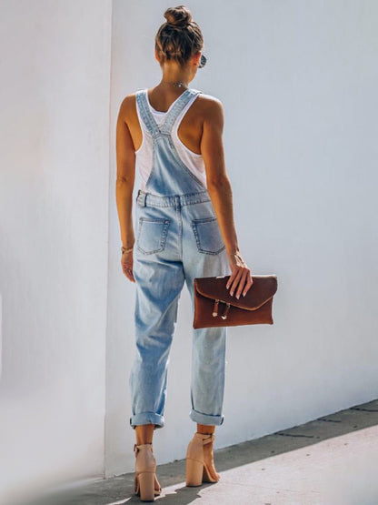 casual ripped mid-waist denim jumpsuit