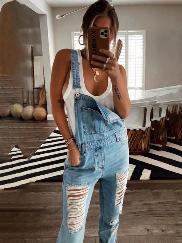 casual ripped mid-waist denim jumpsuit