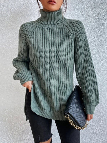 Women's casual pullover turtleneck slit loose sweater