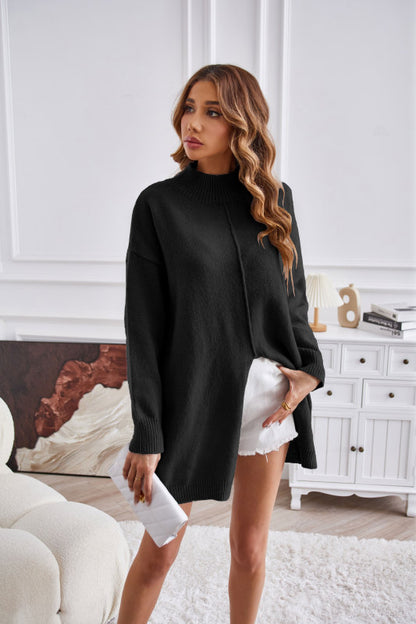 Women's half turtleneck slit pullover sweater