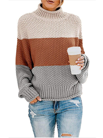 Women's turtleneck long sleeve thick line color matching turtleneck pullover