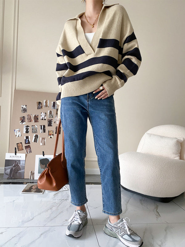 Polo large v-neck striped loose pullover sweater