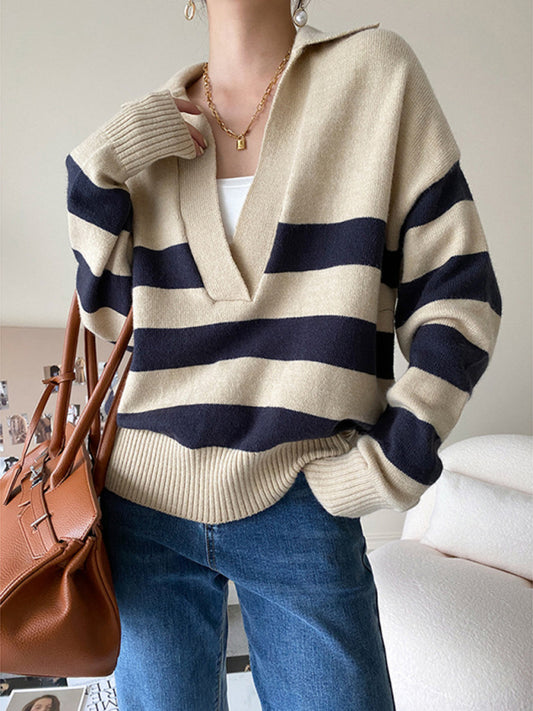 Polo large v-neck striped loose pullover sweater