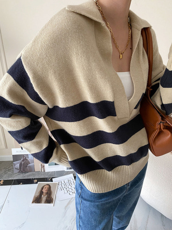 Polo large v-neck striped loose pullover sweater