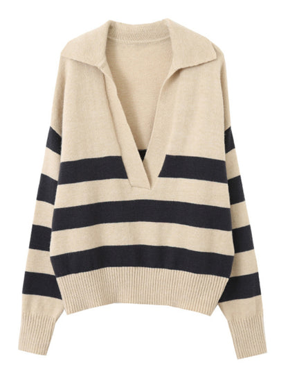 Polo large v-neck striped loose pullover sweater