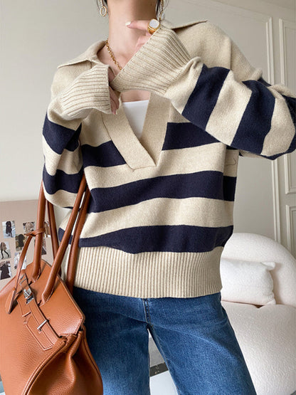 Polo large v-neck striped loose pullover sweater