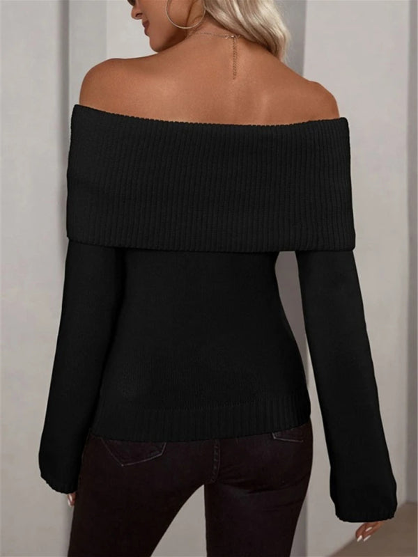 Off shoulder knitted long-sleeved winter and fall sweater