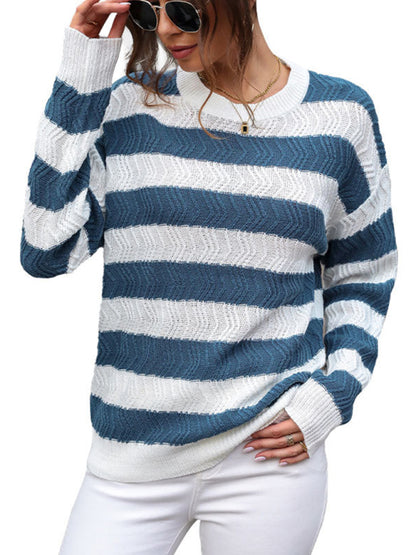 Women's new round neck long sleeve striped sweater