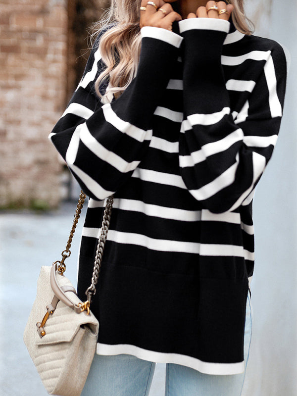 Striped casual round neck long sleeve knitted sweater