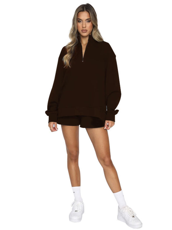 Women's New Solid Color Stand Collar Zipper Pullover Long Sleeve Sweatshirt Shorts Set