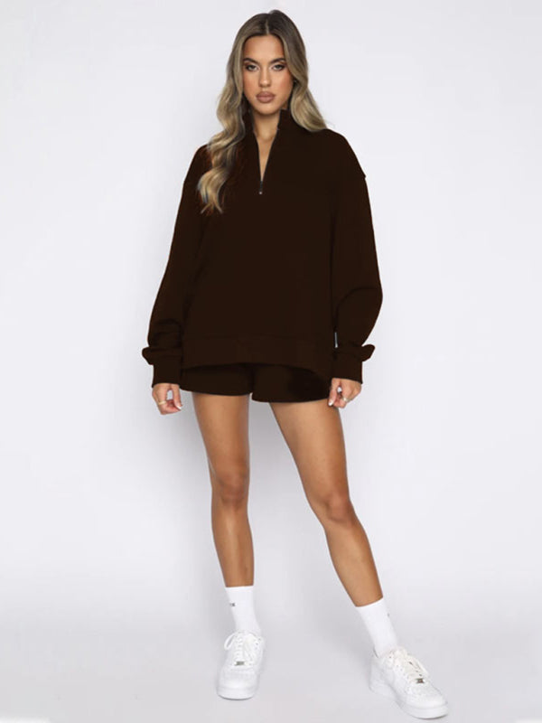 Women's New Solid Color Stand Collar Zipper Pullover Long Sleeve Sweatshirt Shorts Set