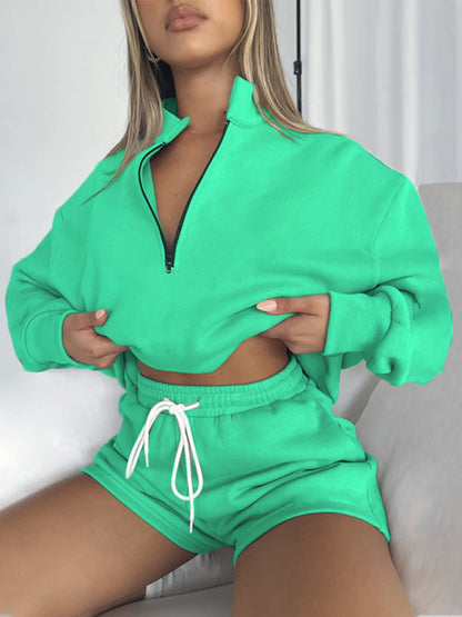 Women's New Solid Color Stand Collar Zipper Pullover Long Sleeve Sweatshirt Shorts Set