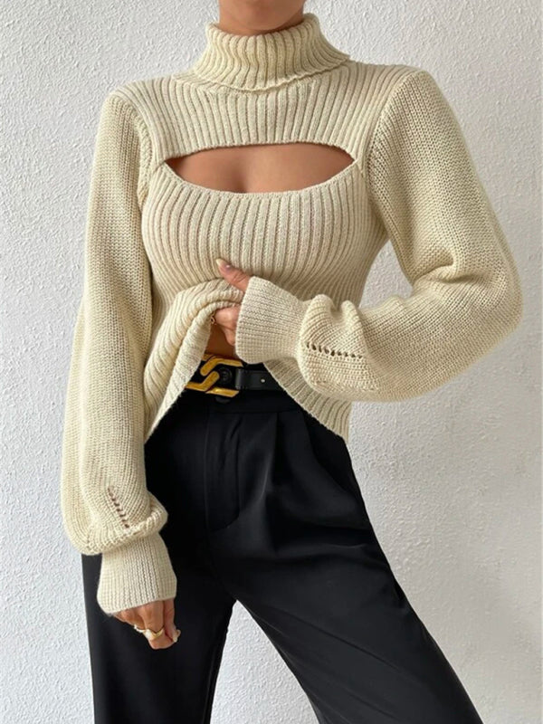 Sexy loose versatile sweater turtleneck hollow sweater outer top