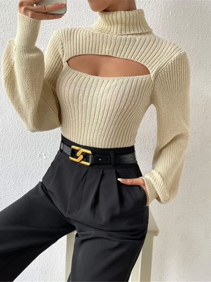 Sexy loose versatile sweater turtleneck hollow sweater outer top