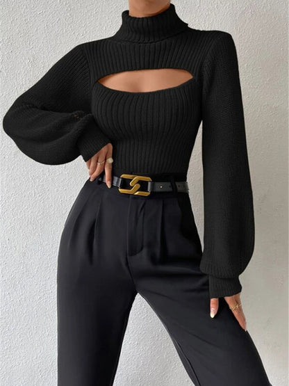 Sexy loose versatile sweater turtleneck hollow sweater outer top