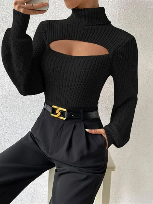 Sexy loose versatile sweater turtleneck hollow sweater outer top