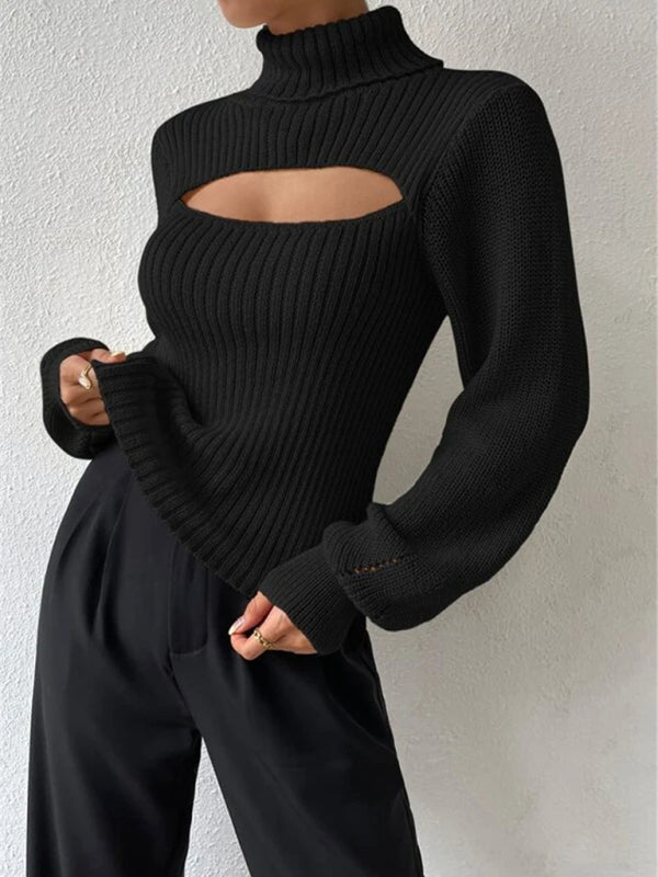 Sexy loose versatile sweater turtleneck hollow sweater outer top