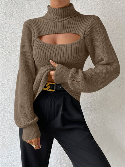 Sexy loose versatile sweater turtleneck hollow sweater outer top