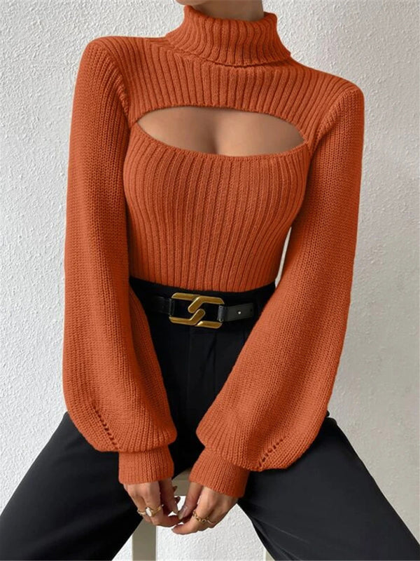 Sexy loose versatile sweater turtleneck hollow sweater outer top