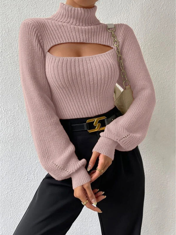 Sexy loose versatile sweater turtleneck hollow sweater outer top